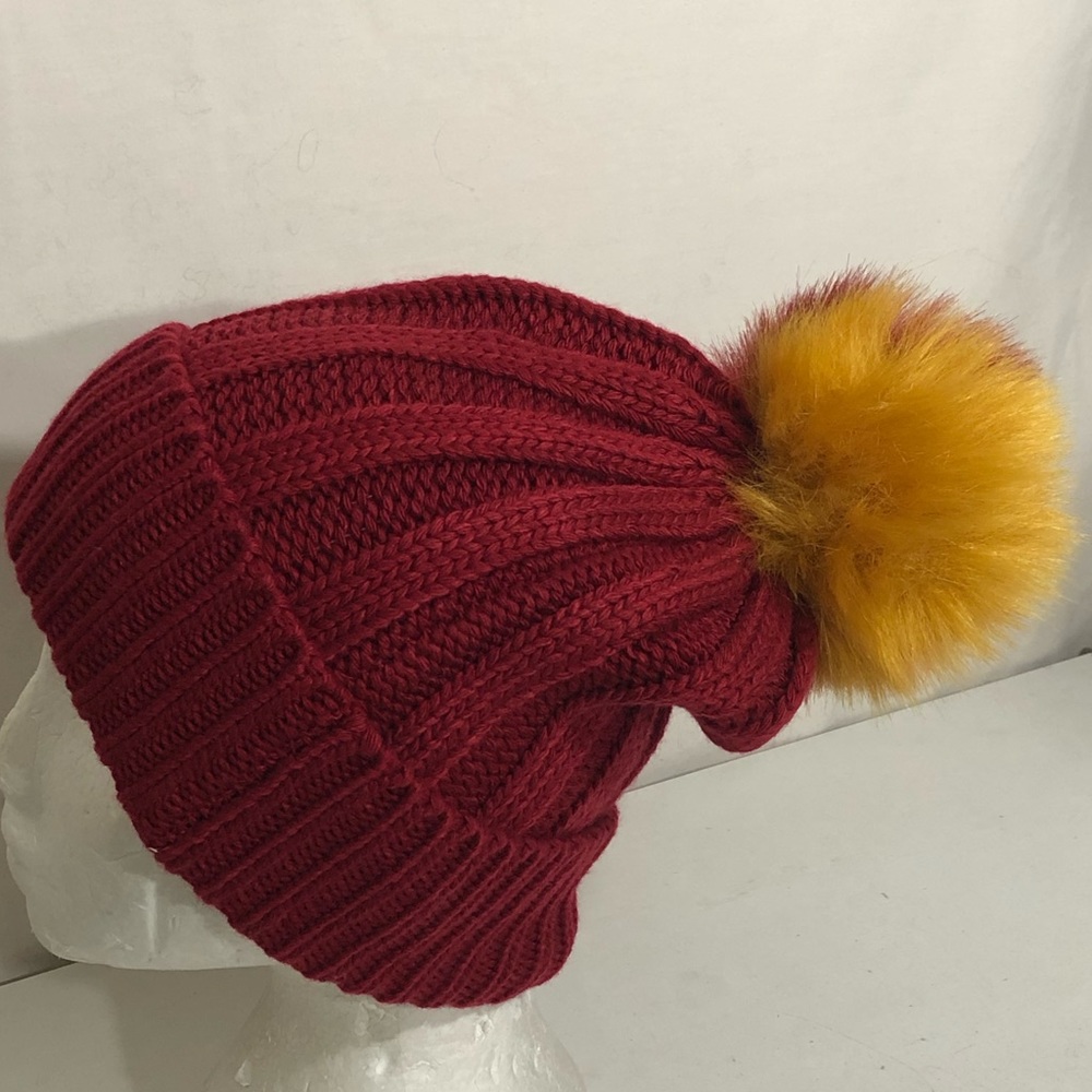 Free Press Ribbed Cuff Faux Fur PomPom Beanie - Picture 1 of 3